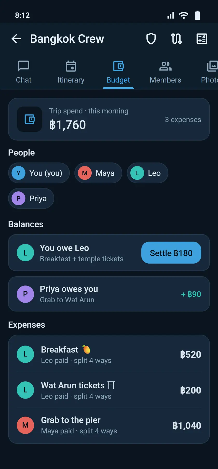 Shared expenses in multiple currencies with a running balance showing who owes whom.