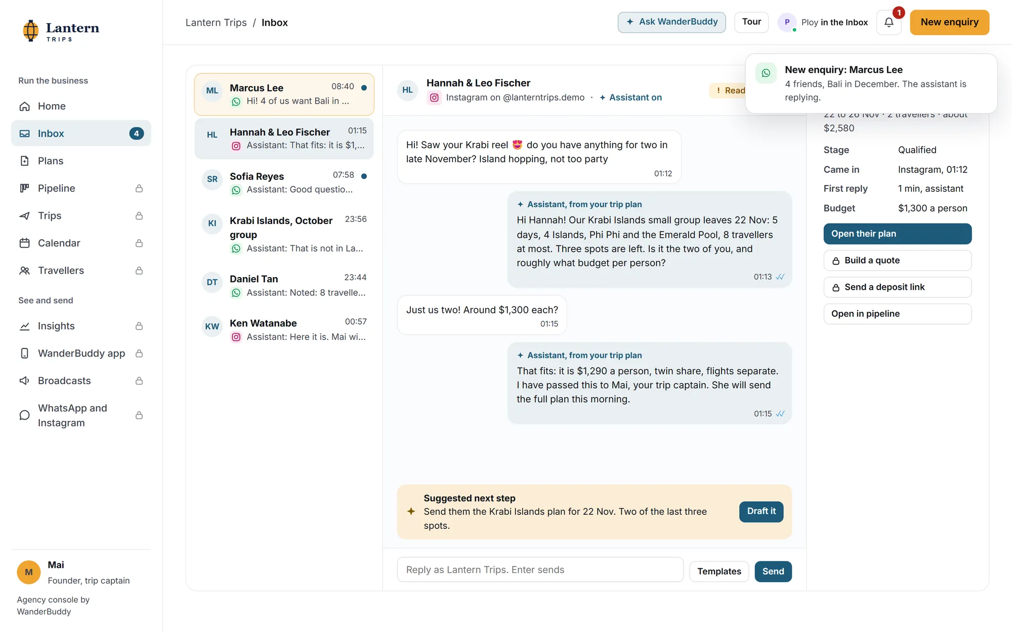 One inbox for WhatsApp and Instagram, with the assistant's replies and a suggested next step
