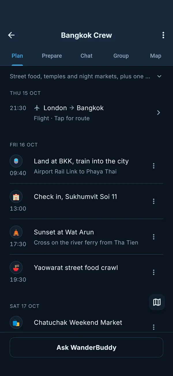 With WanderBuddy: the whole trip day by day in one link, no app needed