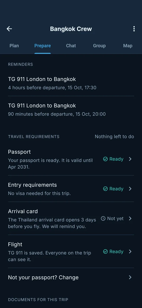 With WanderBuddy, in the app: entry rules for the traveller's own passport, arrival card marked not done yet